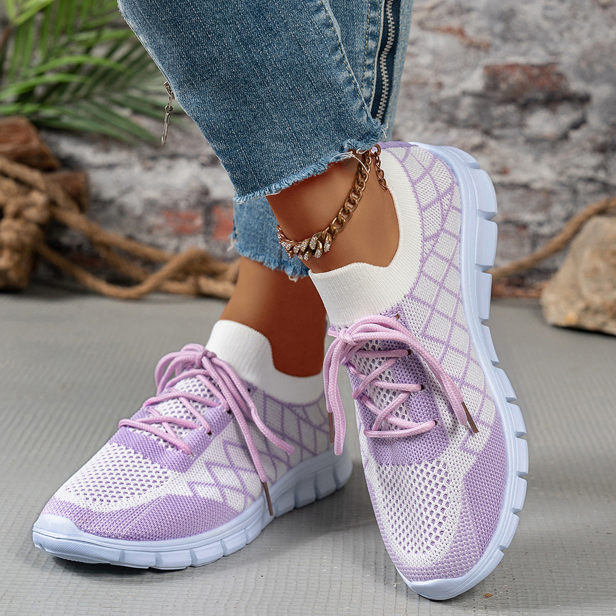 Zapatillas Flyknit con cordones y diseño de cuadros de colores para mujer, deportivas, transpirables, informales, para caminar y correr