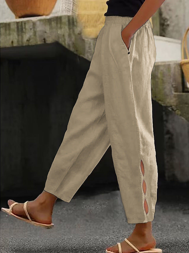 Pantalon d'été pour femme, détails creux à la cheville, avec boutons à l'ourlet