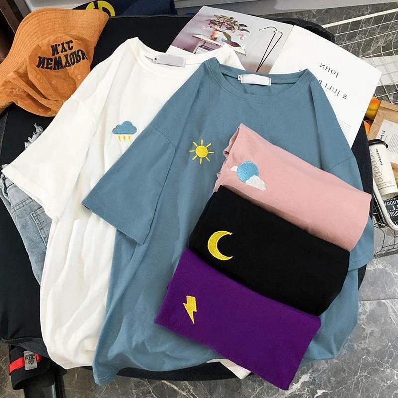 Vintage-inspired Loose Cartoon Embroidered Girl's Short Sleeve T-Shirt Women Fashion Casual Oversized Top by eprolo