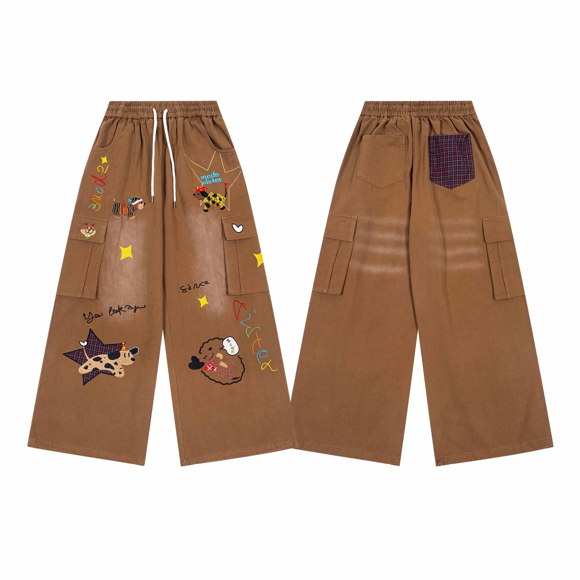 Star Puppy Patchwork Embroidered Multi Pocket Jeans