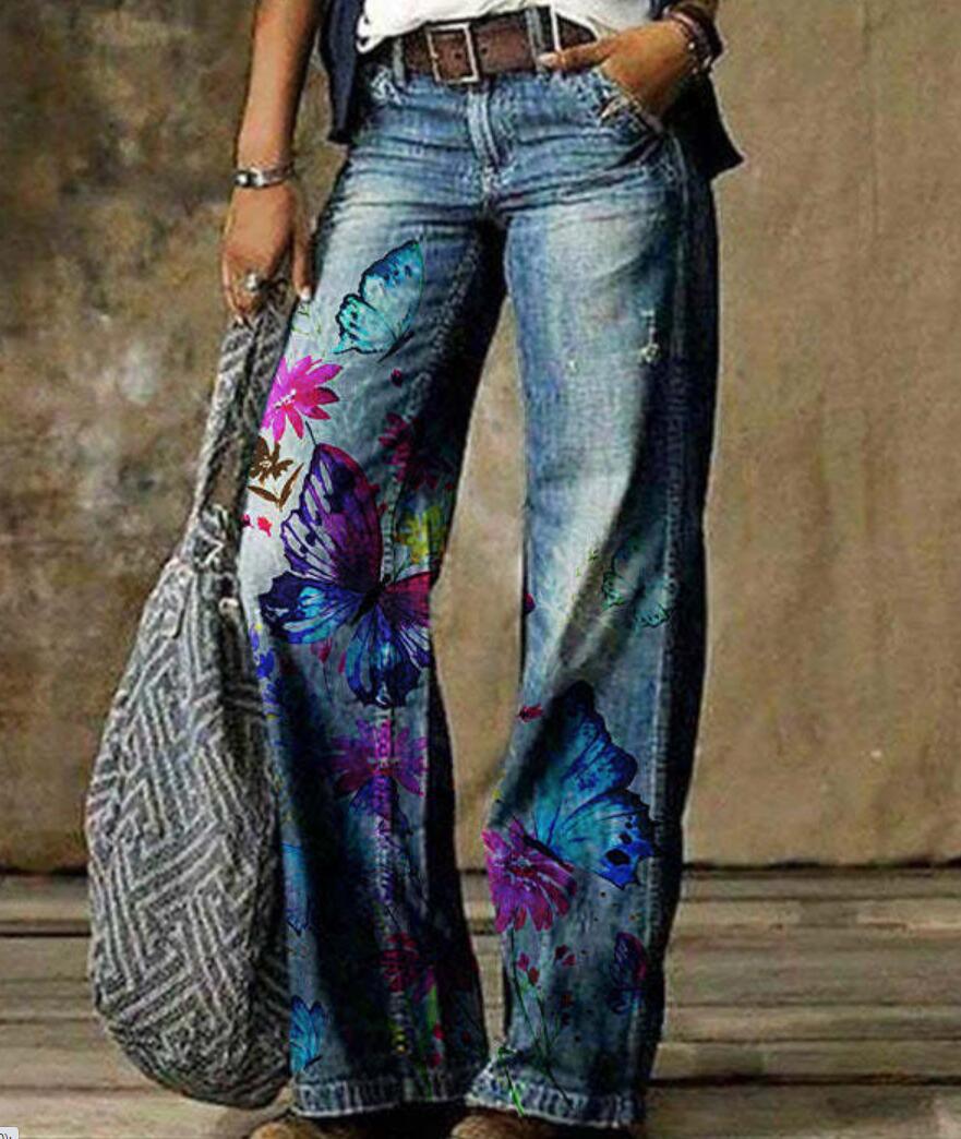Pantalones de mujer de talla grande con estampado floral artístico