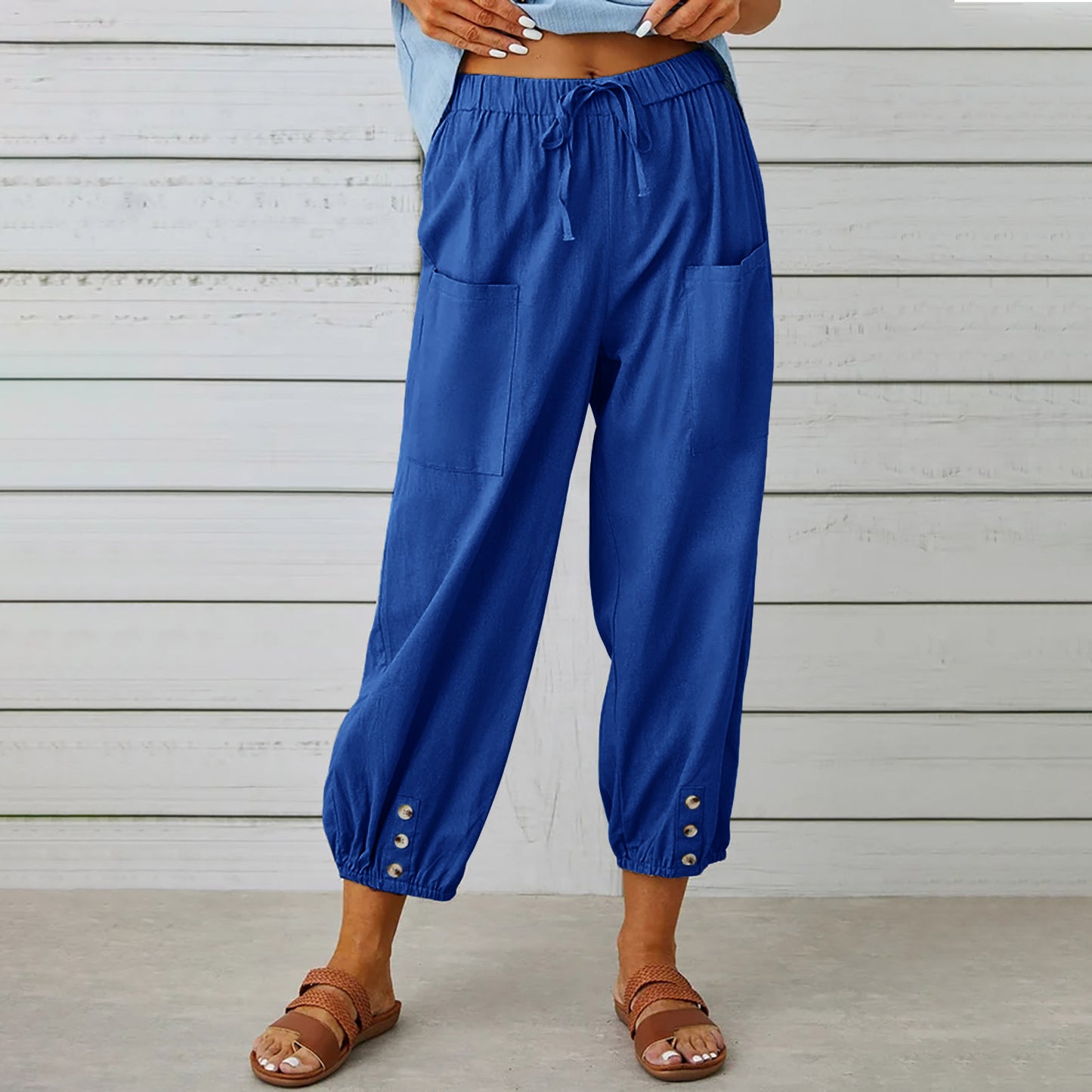 Pantalon ample taille haute en coton et lin avec boutons, coupe courte, jambes larges pour femme