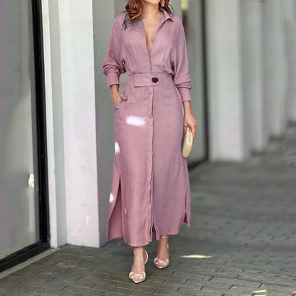 Robe chemise élégante à manches longues, unie et cintrée pour femme