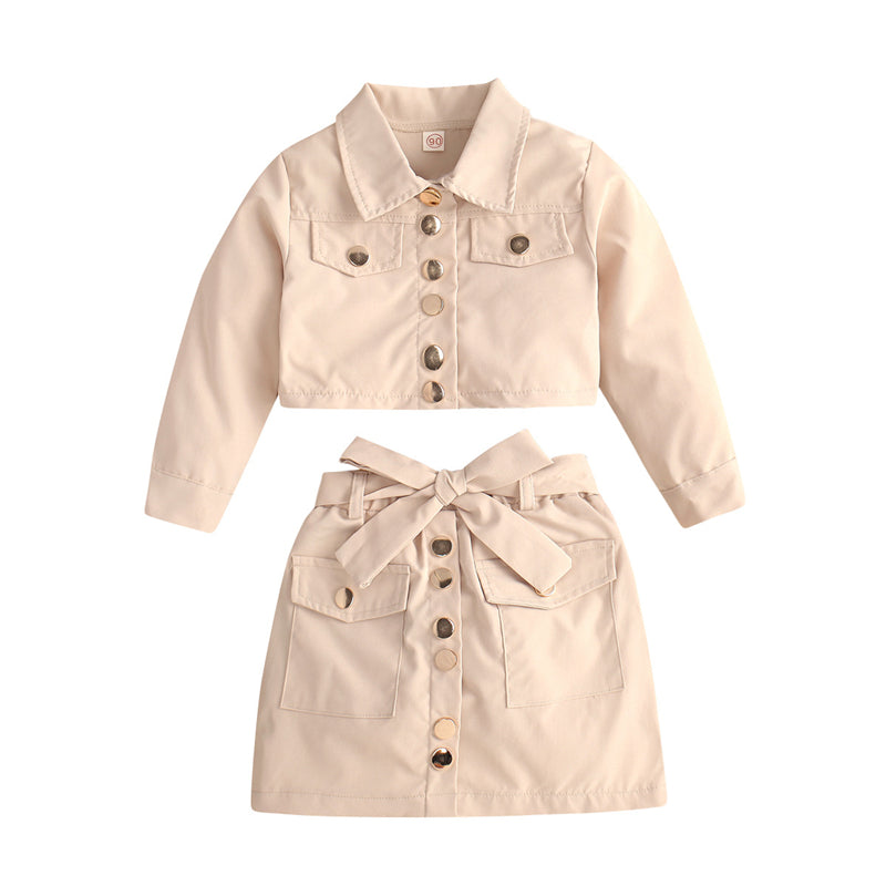 Top de chaqueta de manga larga con solapas cortas, falda de línea A con lazo, conjunto de moda transfronteriza