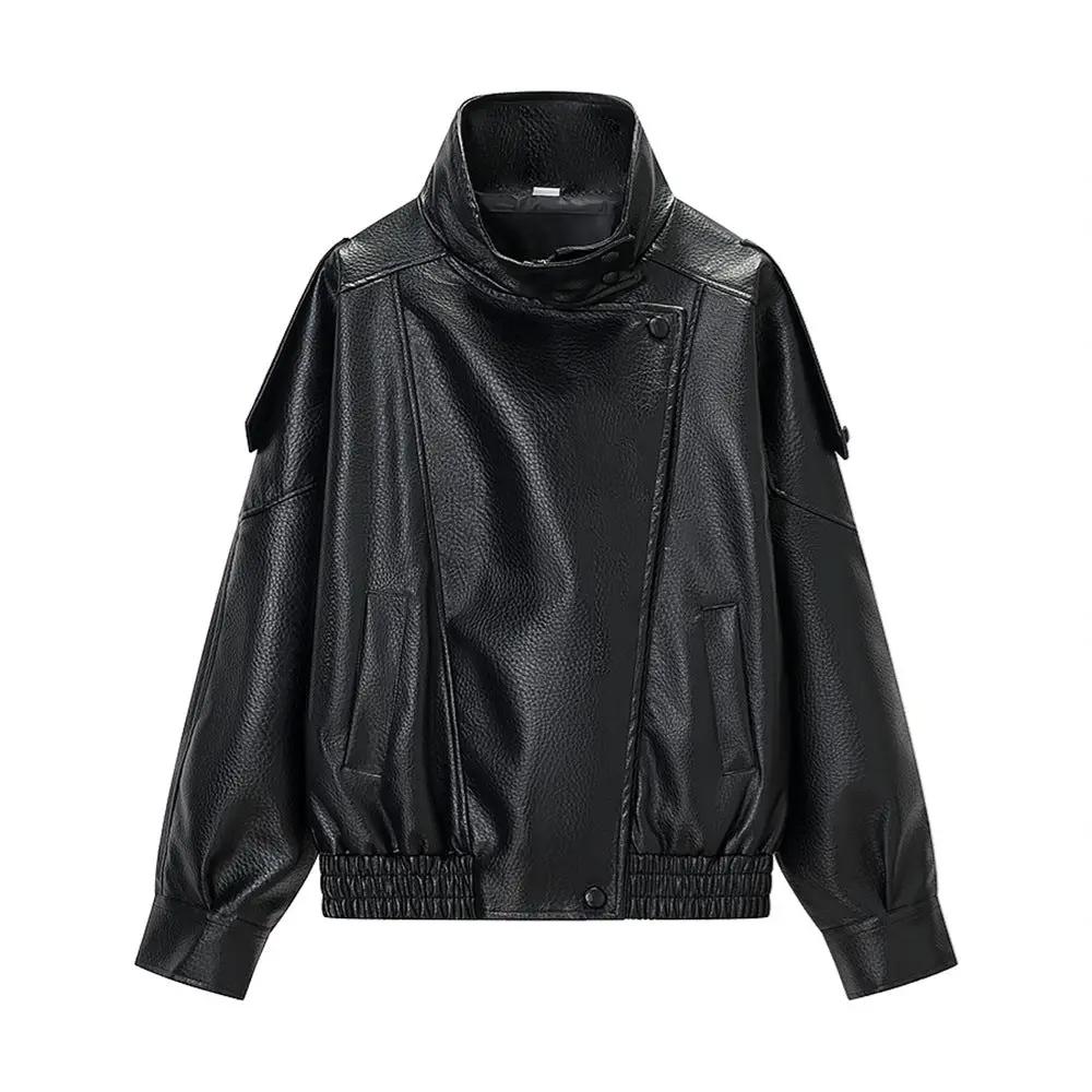 Women's stand-collar black PU leather jacket, loose-fitting bomber with elastic hem.
