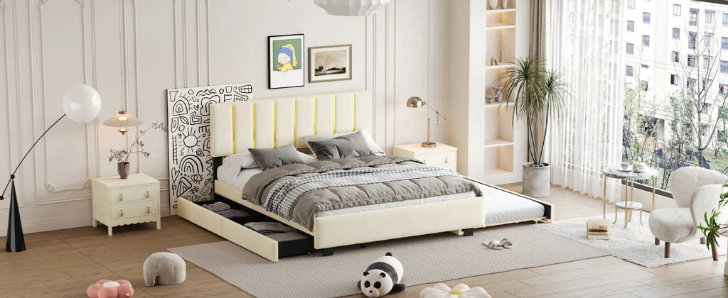 Queen Size Upholstered Platform Bed with 2 Drawers and 1 Trundle, Classic Metal Strip Headboard Design, Beige by eprolo