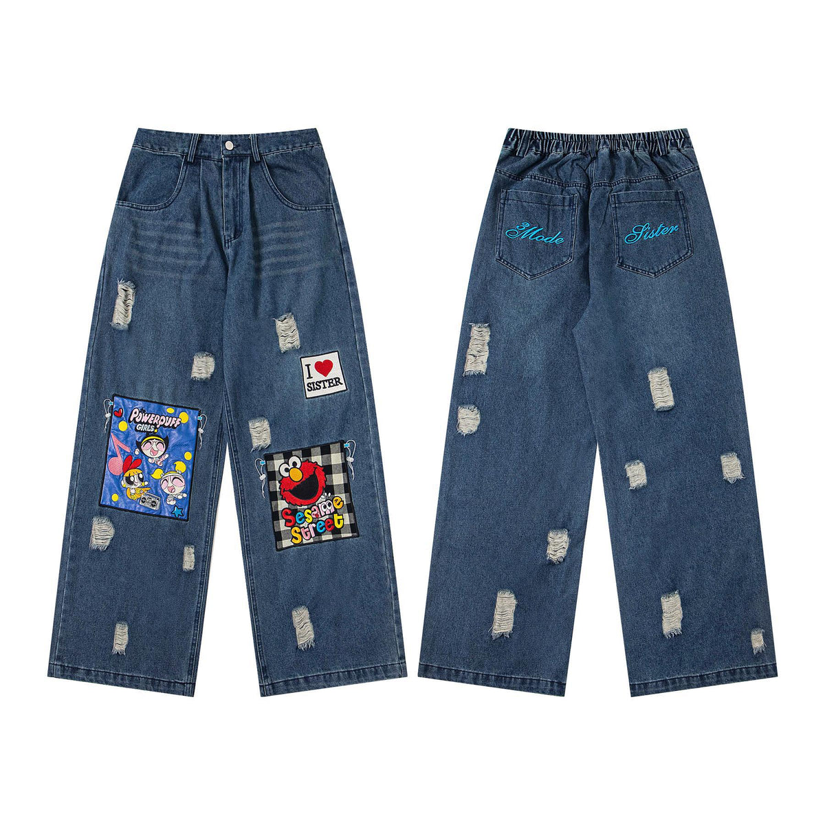 Jeans usés à broderies de dessins animés