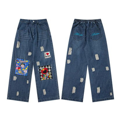 Jeans usés à broderies de dessins animés
