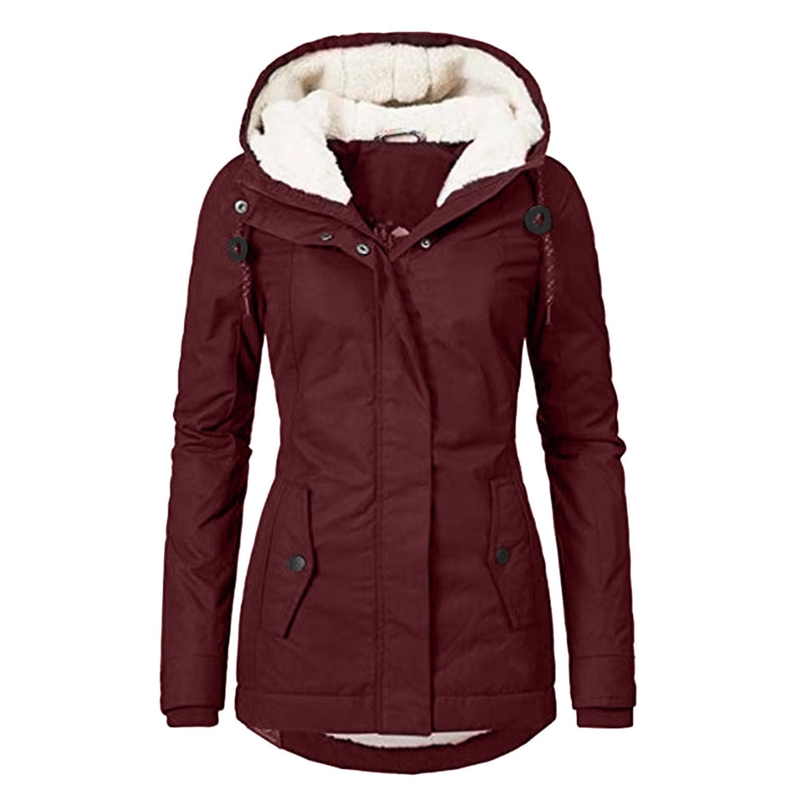Chaqueta con Capucha de Invierno Color Sólido Cálida con Hebilla y Cremallera de Lana con Bolsillos Chaqueta Casual para Mujer