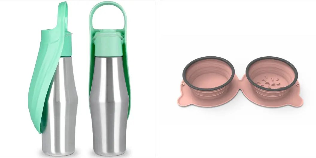 Two-item set: portable dog water bottle with green silicone sleeve and lid, pink collapsible travel bowls.