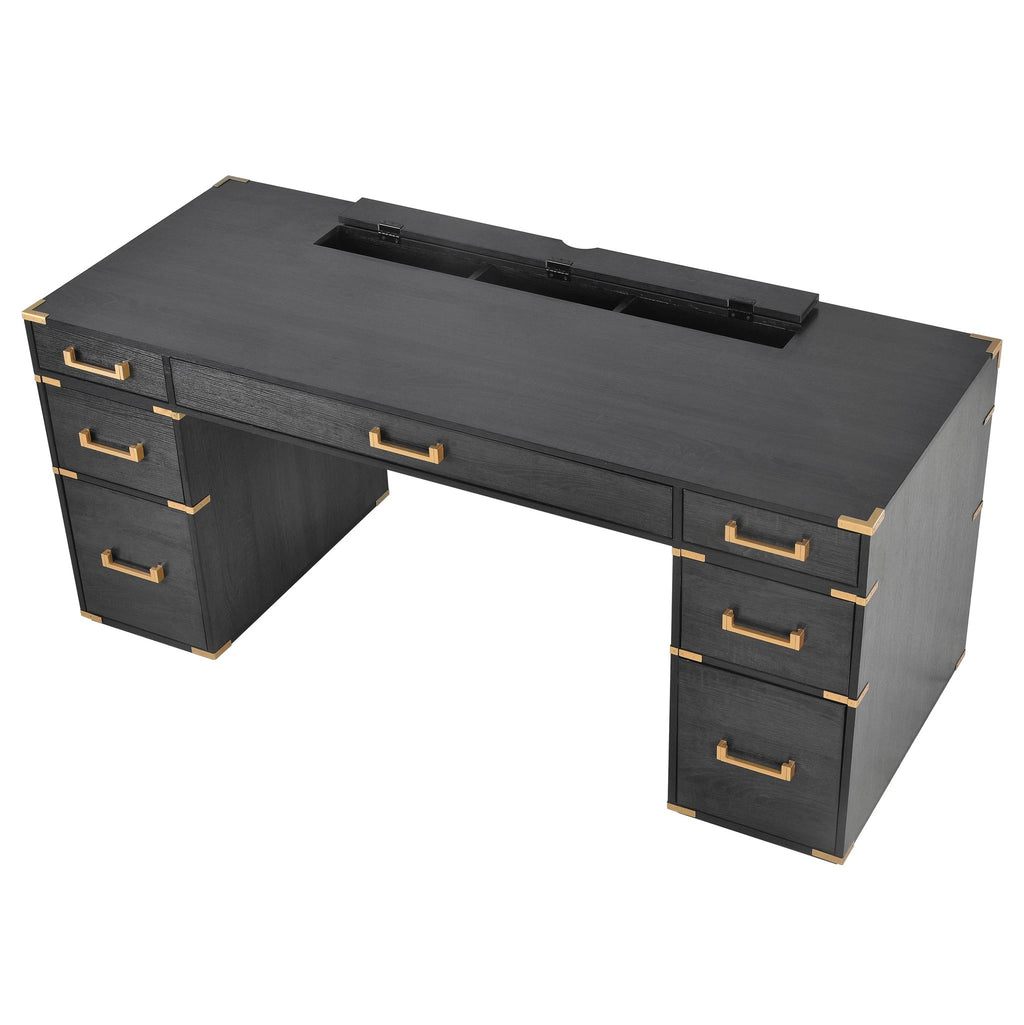 70 inch classic and traditional executive desk with metal trim, writing desk with 2 file drawers, USB ports, and sockets, black by eprolo