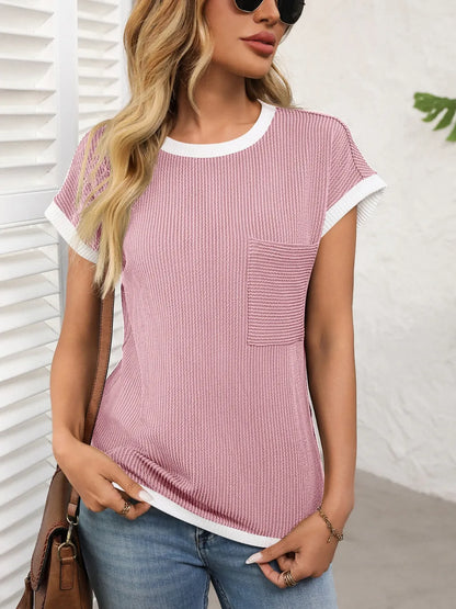 Women's short sleeved T-shirt basic ribbed knit T-shirt
