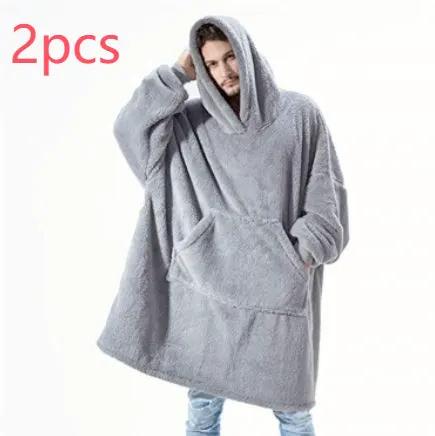 Hooded fleece blanket in gray with large front pocket, 2pcs set, AdTec.