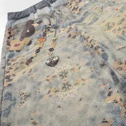 Pendant 3D Digital Printed Washed Denim Cropped Shorts