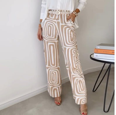 Ensemble Femme Chemise Décontractée à Revers et Manches Longues Imprimée et Pantalon Large