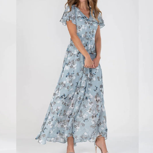 Temperament Commute Slimming V-neck Short Sleeve Printed Waist-controlled Dress