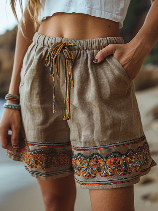 Pantalones cortos sueltos informales de estilo étnico retro con cordón