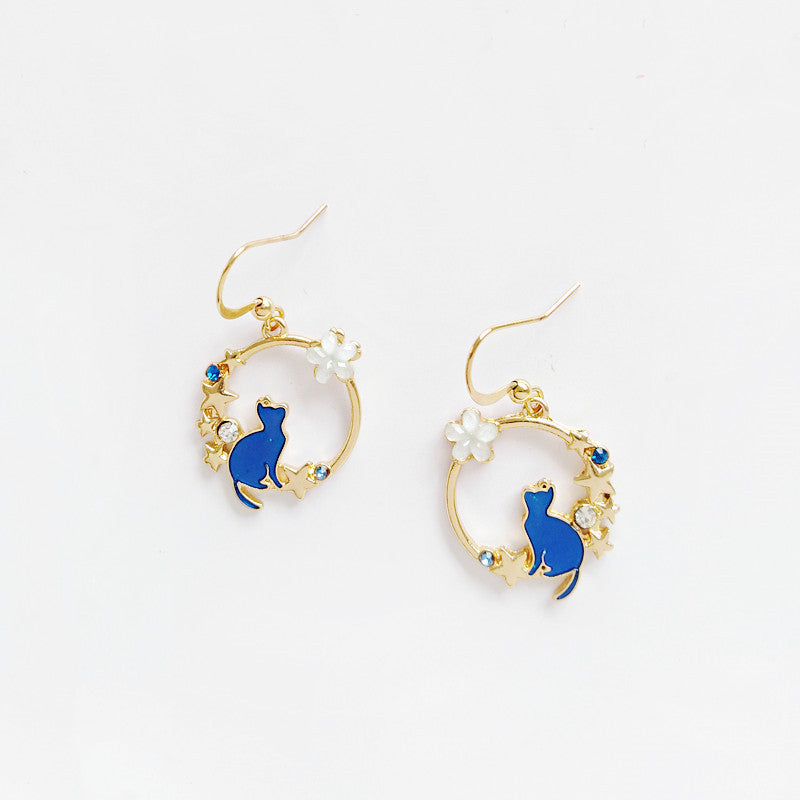 Boucles d'oreilles mignonnes chaton bleu en émail
