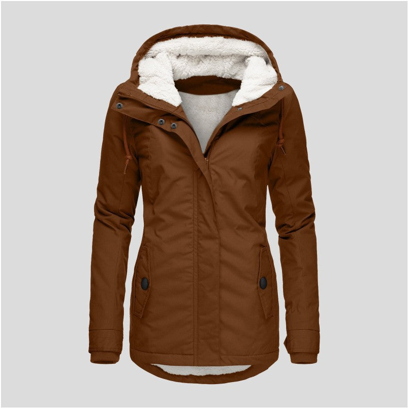 Chaqueta con Capucha de Invierno Color Sólido Cálida con Hebilla y Cremallera de Lana con Bolsillos Chaqueta Casual para Mujer