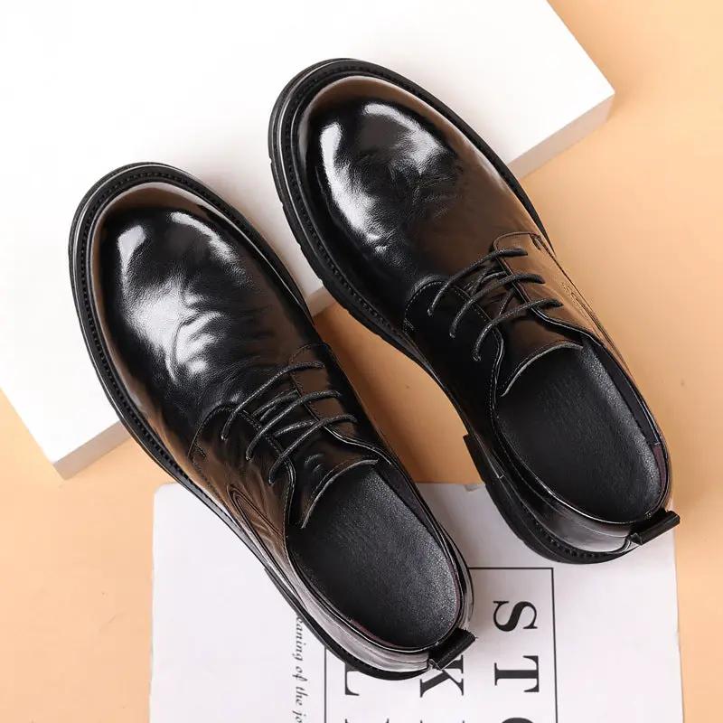 Pair of AdTec black leather dress shoes for men, genuine leather, lace-up, thick sole.