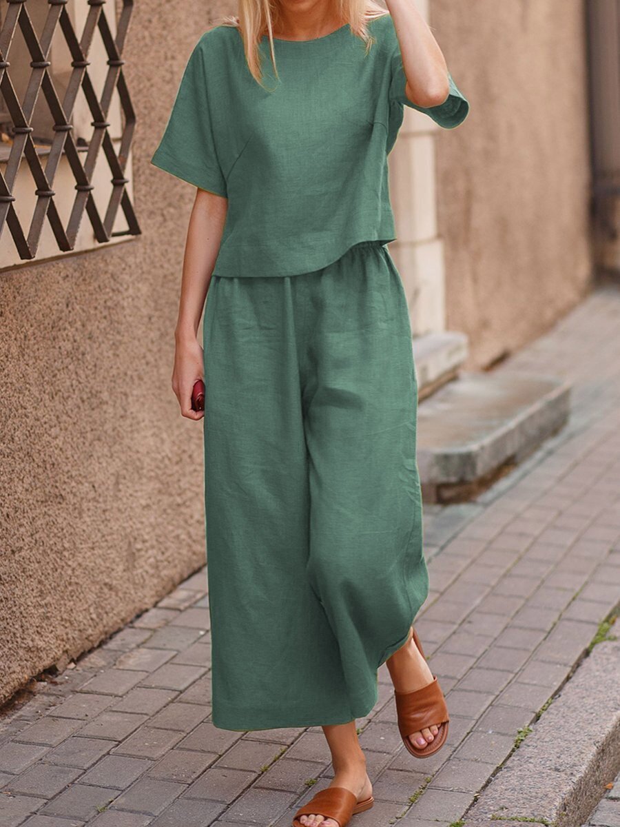 Traje de dos piezas de lino informal holgado de color sólido para mujer europea y americana