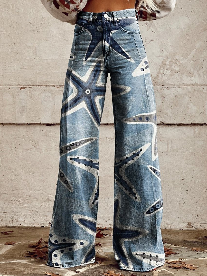 Pantalones de pata ancha, transferencia térmica, tipo campana, simulación de vaqueros