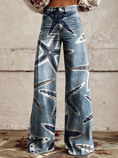 Pantalon large à transfert thermique, pantalon patte d'éléphant, pantalon en jean imitation