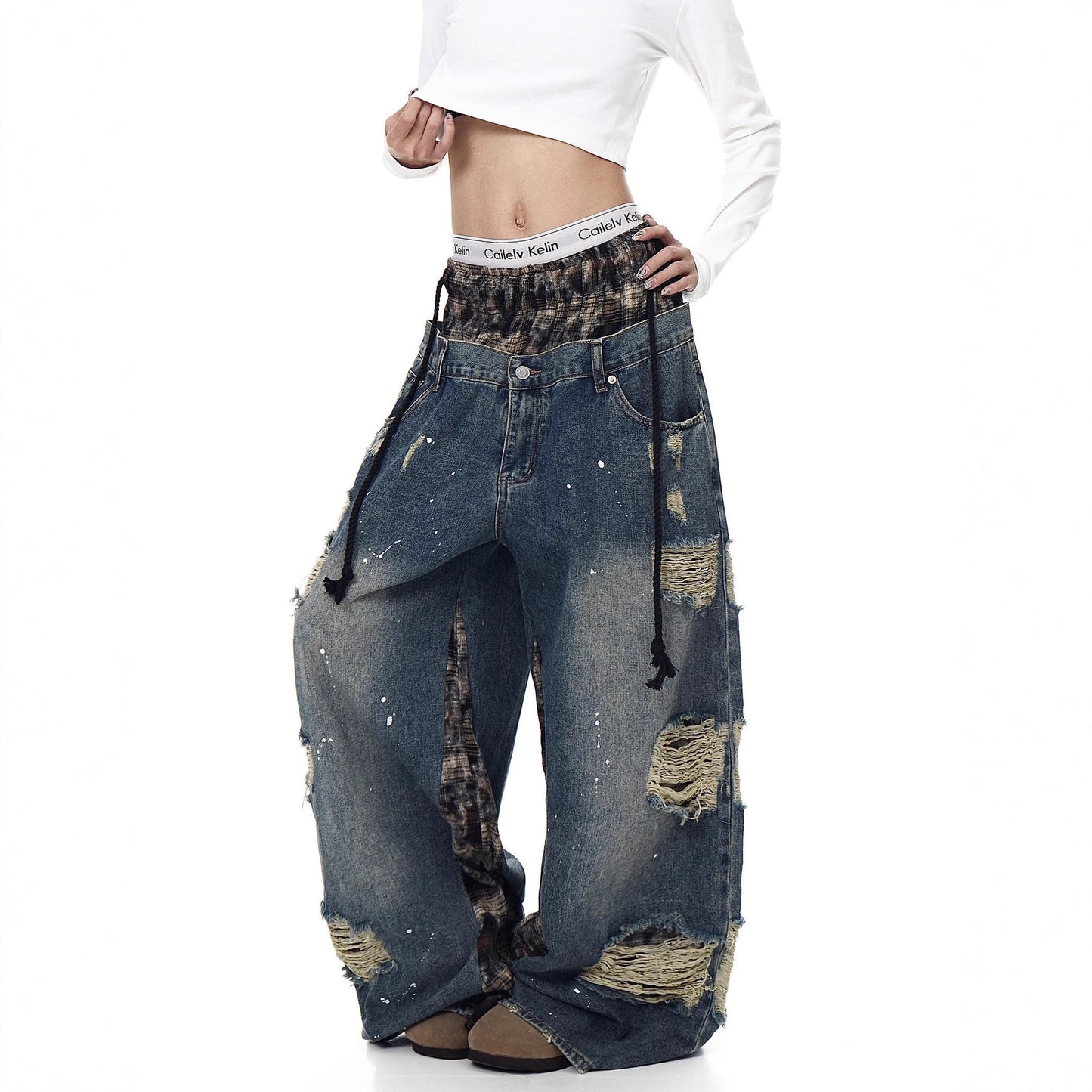 Jeans en denim rétro déchirés à jambes larges pour femmes