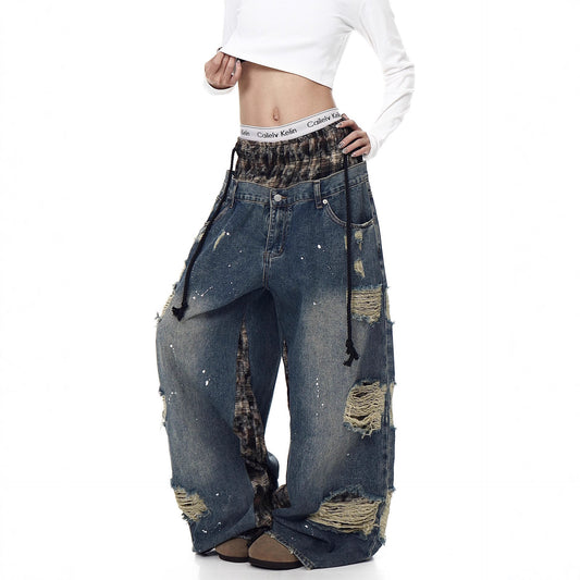 Vaqueros de mezclilla retro rotos de pierna ancha para mujer