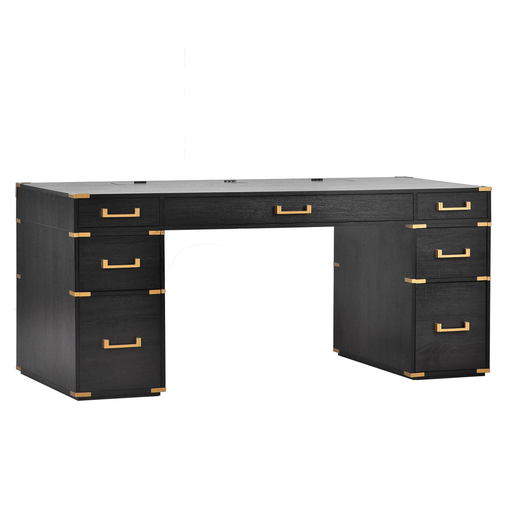 70 inch classic and traditional executive desk with metal trim, writing desk with 2 file drawers, USB ports, and sockets, black by eprolo