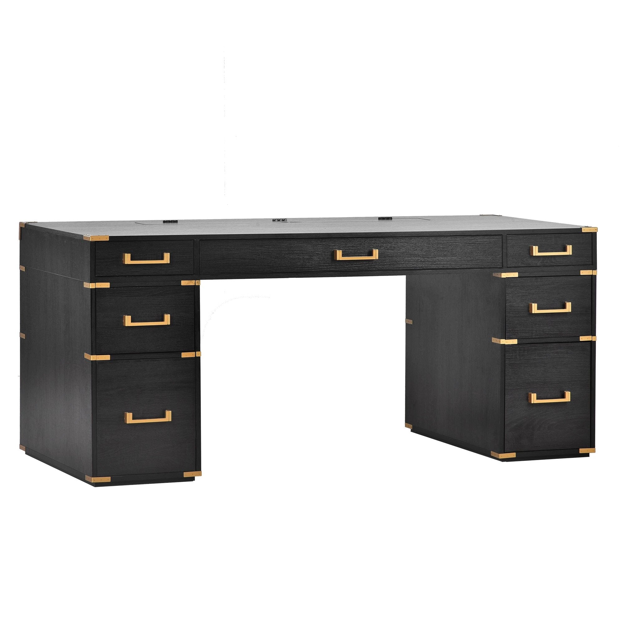 70 inch classic and traditional executive desk with metal trim, writing desk with 2 file drawers, USB ports, and sockets, black by eprolo
