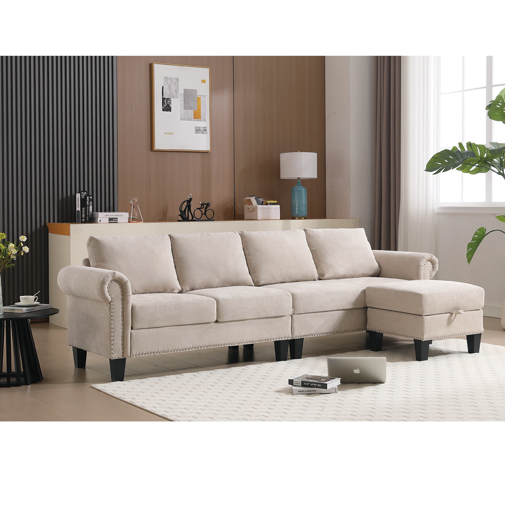 Convertible Sectional Sofa with Storage,L-shaped sofa,Four-seater sofa,Modern Linen Fabric Sectional Couches Beige by eprolo