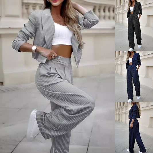 Ensembles rayés de mode printanière pour femmes - Haut court à revers à manches longues et pantalon droit - Vêtements pour femmes