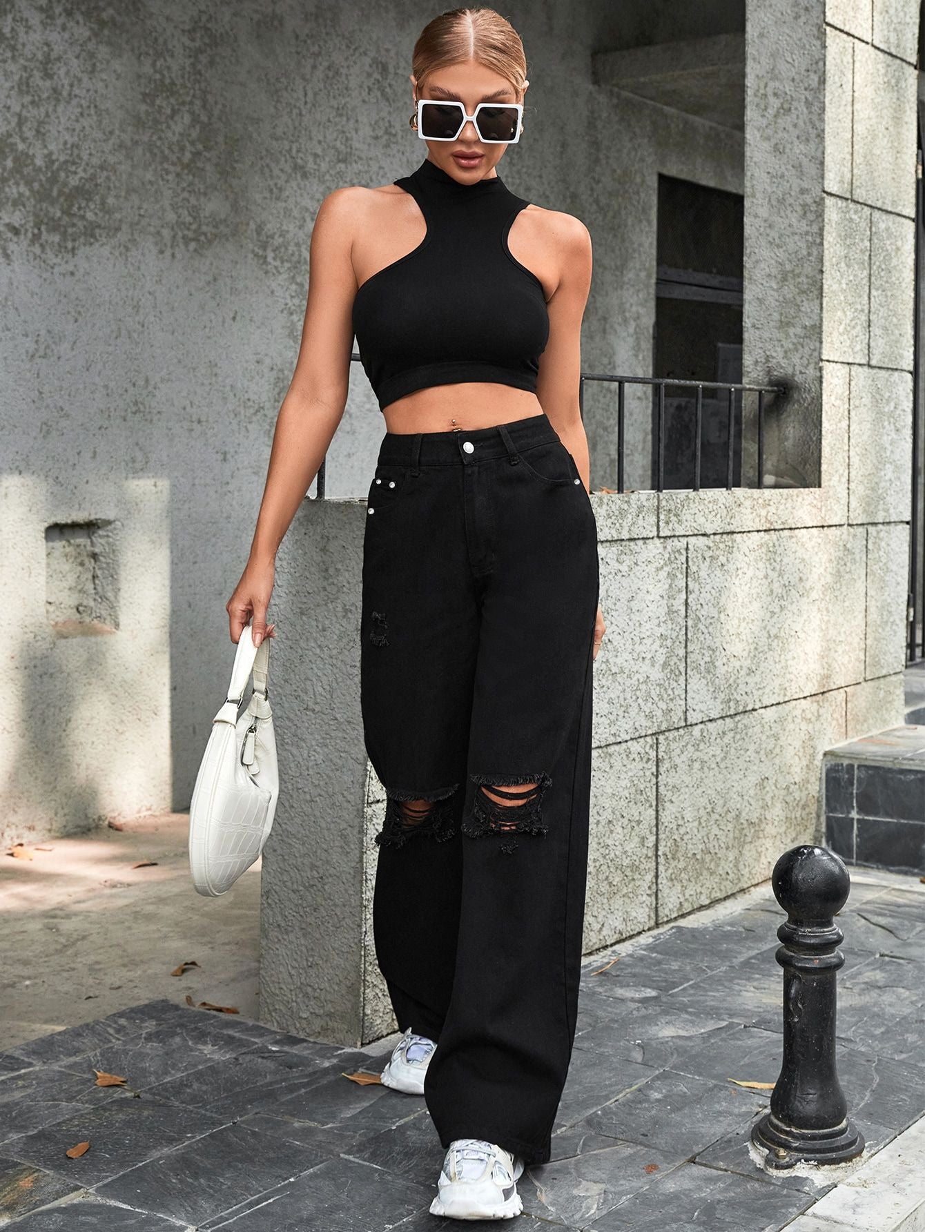 Pantalon en jean décontracté taille haute à trous pour femme