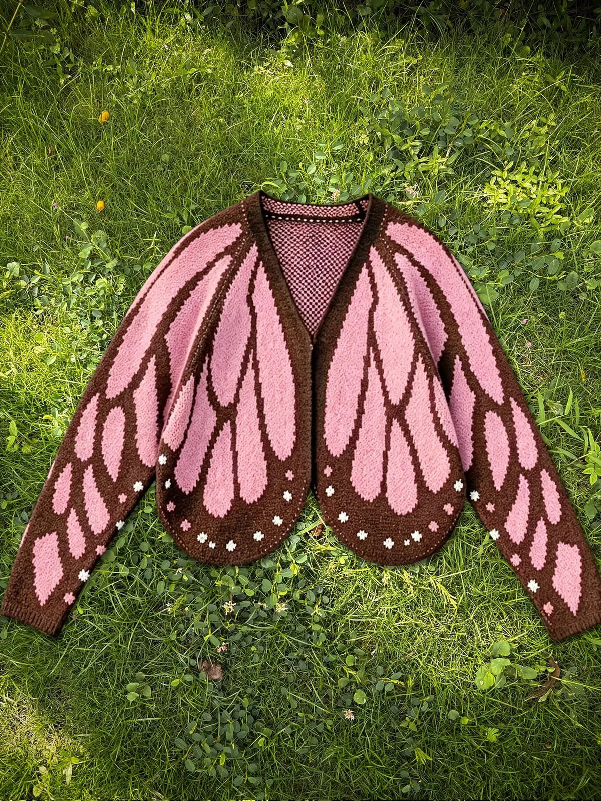 AdTec women's butterfly-pattern knit cardigan sweater in pink and brown, open-front, long-sleeve outerwear.