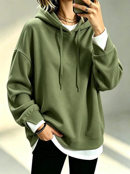 Plus-size olive-green solid-color hoodie with drawstrings and long sleeves