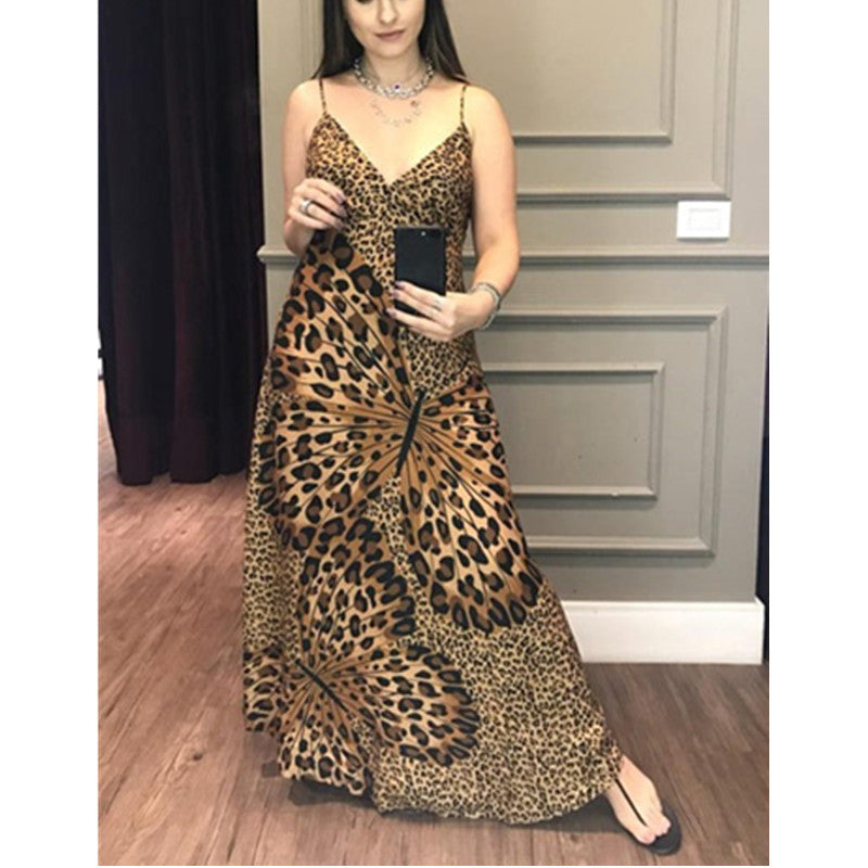 Nouvelle robe à bretelles imprimé léopard et papillons pour femme