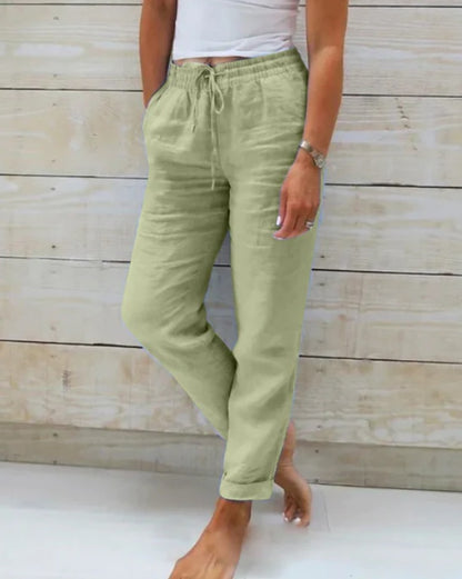 Pantalon élastique uni en coton et chanvre