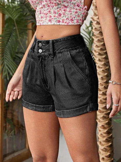 Pleated Detail High Rise Denim Shorts by eprolo