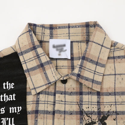 Color blocked plaid short sleeved shirt with lining