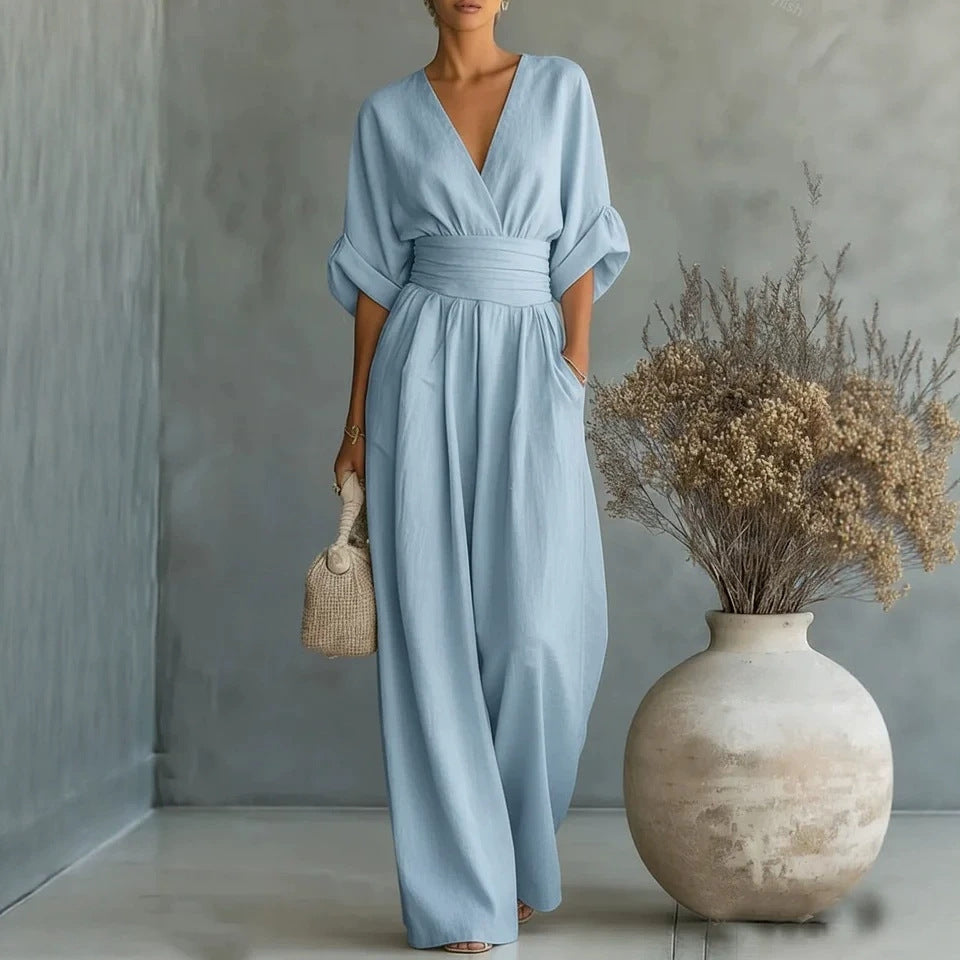 Summer Short-sleeved Jumpsuit Fashion Casual V-Neck Wide-Leg Pants Womens Clothing