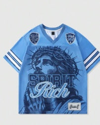 T-shirt rétro avec lettre en polyester, maille style américain rétro