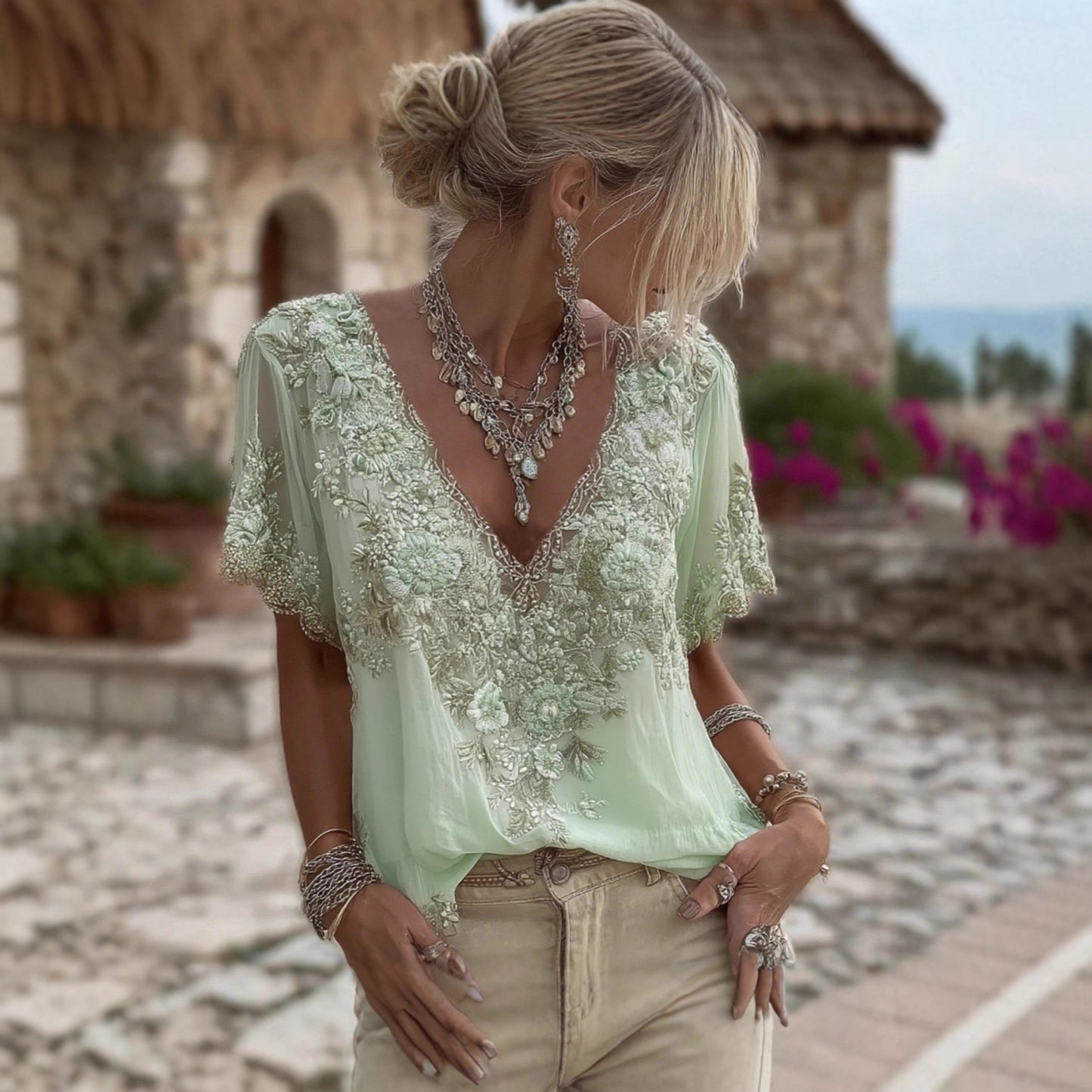T-shirt à col en V et manches courtes imprimé 3D pour femme, au style élégant, artistique et vintage