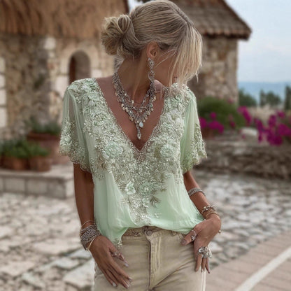 T-shirt à col en V et manches courtes imprimé 3D pour femme, au style élégant, artistique et vintage