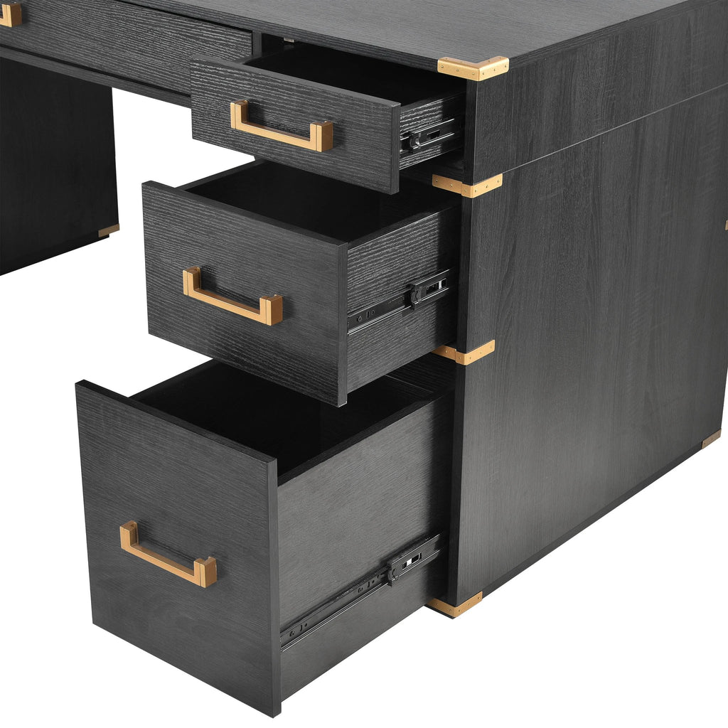 70 inch classic and traditional executive desk with metal trim, writing desk with 2 file drawers, USB ports, and sockets, black by eprolo