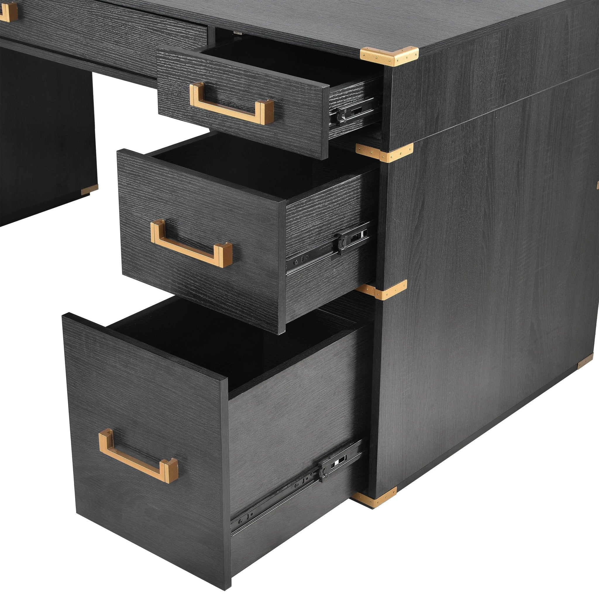 70 inch classic and traditional executive desk with metal trim, writing desk with 2 file drawers, USB ports, and sockets, black by eprolo