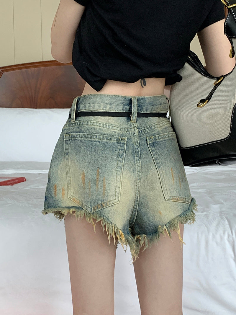 Shorts en jean vintage taille haute à bords bruts pour femme