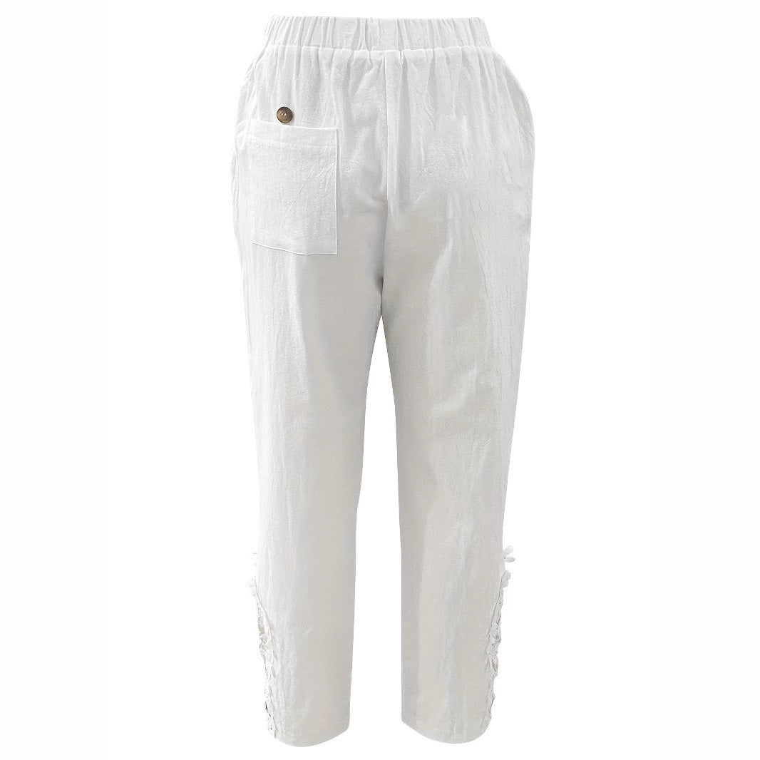 Pantalon droit décontracté en dentelle avec cordon de serrage pour femme