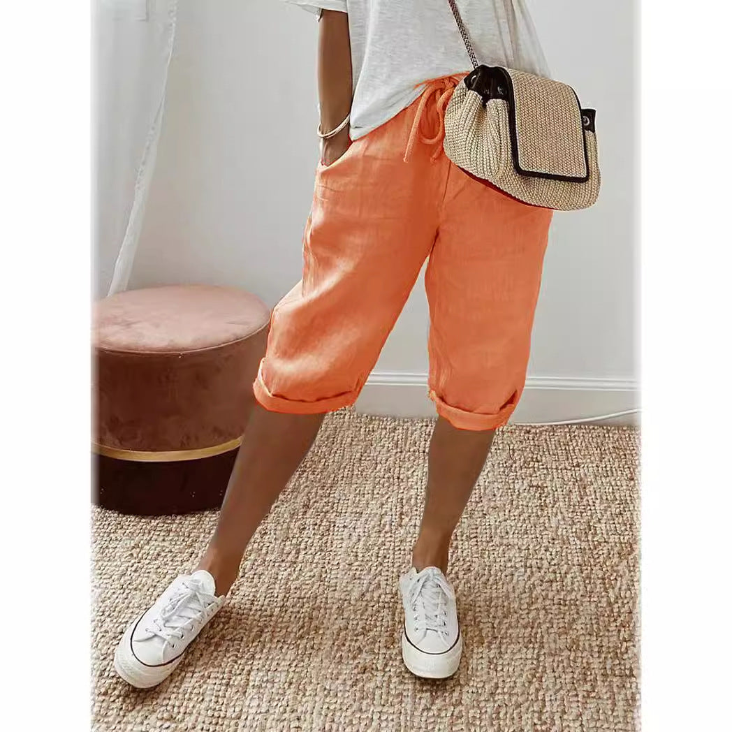 Shorts décontractés en coton et lin avec poches et taille élastique pour femme