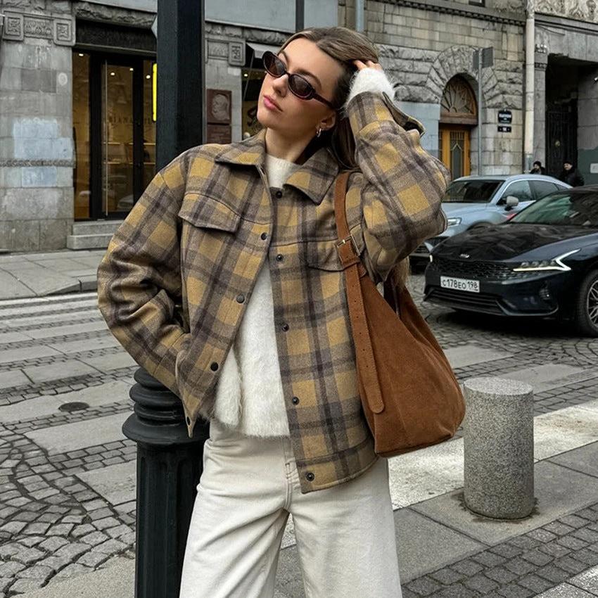 Checkered wool coat women's retro loose woolen coat by eprolo